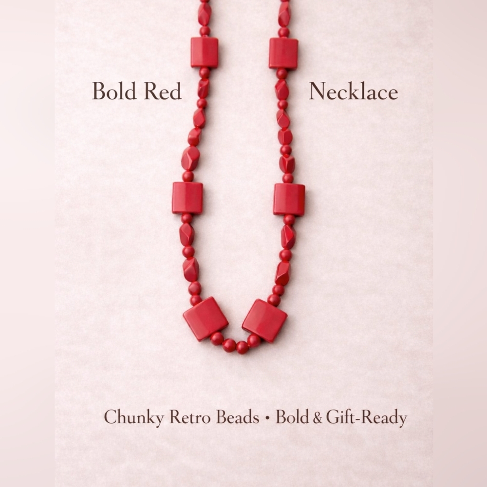 Valentine’s Red Statement Necklace | Chunky Retro Beads |Bold Gift-Ready Jewelry - Picture 1 of 7